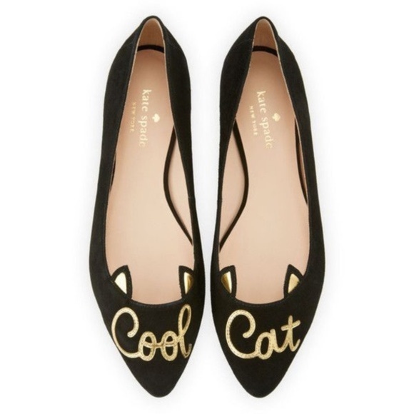 Kate Spade "Cool Cat" black and gold pointed flats Velvet Black w Gold Writing - Picture 1 of 8